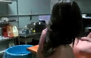 Lusty naked latina jumping shaft in a restaurant kitchen