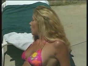 Blonde screams in pleasure as she rides a huge cock outside pool to a cumshot
