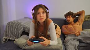 Gamer girl sucks cock and gets hard fast fucked while playing console
