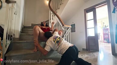 Fucking my neighbor on the stairs hot milf creampie choked big ass