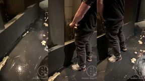 in a club, boy enters the toilets, opens a cubicle and catch a guy about to pee.