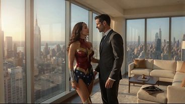 Wife surprises her husband by arriving dressed as Wonder Woman_ things got so hot that they ended up having sex in the office and he cums on her face (AI-generated video)