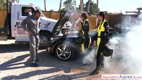 Race girls Dillion Harper and Karlee Grey bang tow truck guy for helping them out