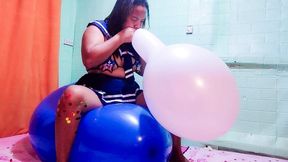 Sexy Juju Blows To Pop 2 Belbal Balloons While Riding To Pop A Big Blue Balloon