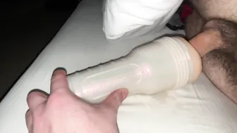 Hairy solo guy uses pocket pussy and cums