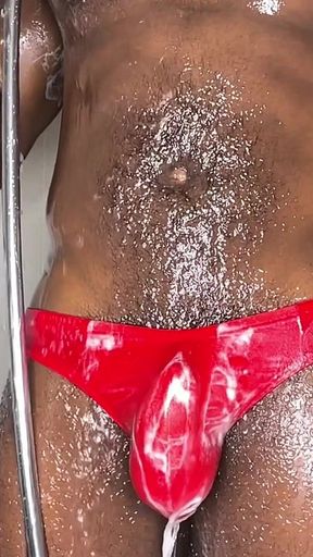 Stroking, and Showering - in One of My Favorite - Red Underwear