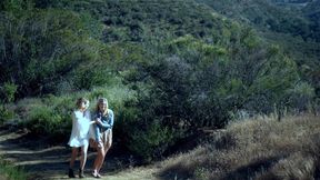 Two beautiful blonde teens having wild lesbian sex outdoor