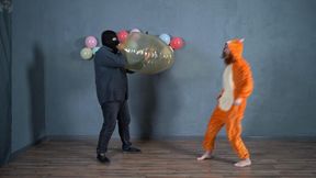 The mischievous tiger burst Mr. Bob's balloons and ended up inside one of them