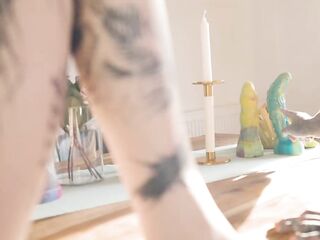 TwoTattooed Lesbo Anal Gape and Squirt and Large Toy