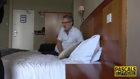 Bound submissive gets gagged and fucked