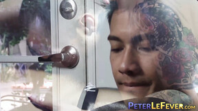 Handsome Oriental gay screwed by inked jock before cumshot