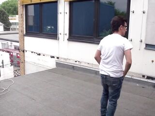 Big butt brunette gets satisfied in her butt in the washroom