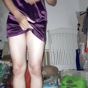 Asian amateur crossdresser piss and cum wearing satin purple mini dress