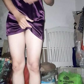 Asian amateur crossdresser piss and cum wearing satin purple mini dress