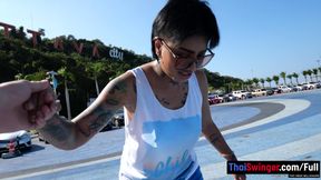 Skateboarding fail of big butt Thai MILF who fucks at home after