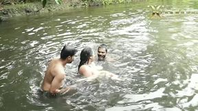Dirty big boobs bhabhi bath in pond with  handsome de Borja (outdoor)