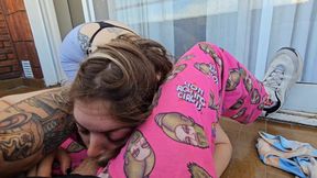 While I Was on the Balcony with My Wife, She Started to Get Horny and Asked Me to Suck Her Pussy in Front of Her Neighbor.