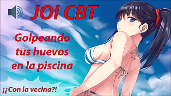 JOI HENTAI CBT en la piscina azotando tus huevos a escondidas.