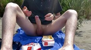 WANKING AND CUMMING ON MCDONALDS BIG MAC AT THE BEACH