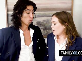 Lascivious stepsiblings join for a foursome with their stepmom and her lesbo partner