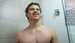 handsome young guy taking a shower