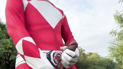 Power Ranger wanking outdoor.