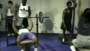 Fantastic black EXPERIENCED LADY gets gangbanged in gym by monster cocks