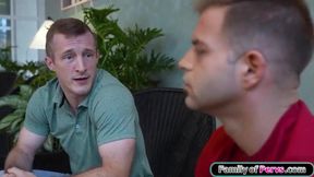 Familyofpervs.com - Stepson and friend comfort his stepmom after a breakup by having a threesome.The big tits milf gets facefucked and then the mature blonde gets banged