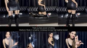 Triple pumps power smoking marlboro reds in a tight leather minidress and leather knee high boots!