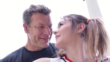 Sweet Cheerleader Girl with Pigtails and No Tits seduce to Old Young Fuck by her Coach when home alone