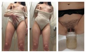 Russian Lady: Put your mouth up, I&#039;m going to pee in it for you! Peeing through dirty panties. in stockings in a jar