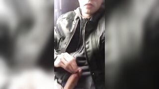 Kinky amateur dude strokes his big dick on a bus and takes a cumshot