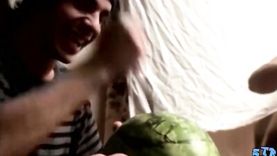 Straight inked guys fuck watermelons until cumming