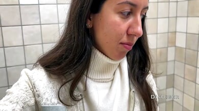 Katty West takes on a deep throat casting challenge in a mall bathroom