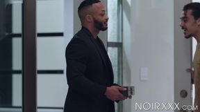 Buffed DeAngelo Jackson fucks Dominic Pacifico hard on his back until cumshot
