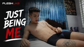 JUST BEING ME: Twink Tests Kinky Position Spitting on His Big Dick at Home