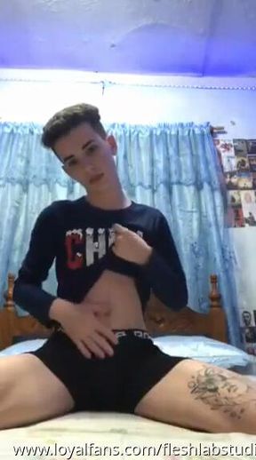 Twink Tests Kinky Position Spitting on His Big Dick at Home