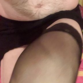 Bra, red panty, stockings and skirt cumshot