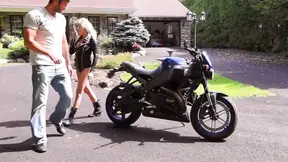 Hot babe rides wet, risky motorcycle fuck outside
