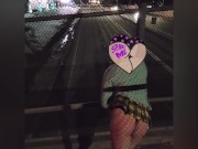Shy sissy flashing on public bridge and around city