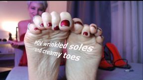 POV MILF Giantess Cherry Nail Toes & Creamed Wrinkled Soles Close up