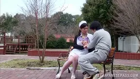 Cock sucking nusre enjoys outdoor sex