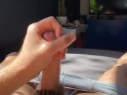 Lubing up my cock and fucking my pocket pussy while enjoying the sunshine ending with a nice load 😈