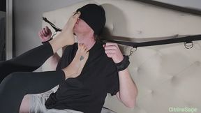 Foot slave bound to the headboard has to worship my feet