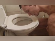 Skinny teen pissed in the toilet and on the toilet seat then he licks it up