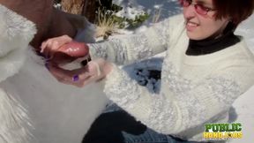 Brandi De Lafey Strokes Frosty the Snowman while Stranded in the Mountains