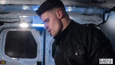 Officer Olivier Robert and his partner Malik Delgaty engage in a steamy encounter where the former gives the latter a passionate ass pounding, culminating with an explosive facial.