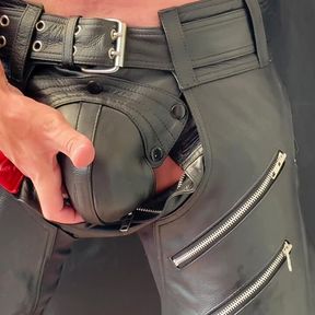 Leather daddies bulge and hard cock stroking