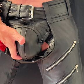 Leather daddies bulge and hard cock stroking