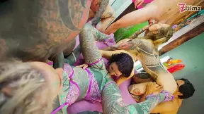 Amateur group sex gets wild as tattooed goth girl takes a wild DP while